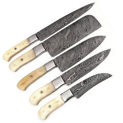 Handmade Custom Damascus Steel Kitchen Knives Set with Camel Bone