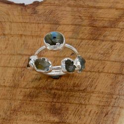 Raw Labradorite, Peridot Brass  Electroplated Ring