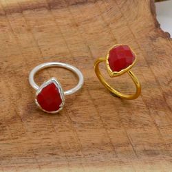Raw Coral Gemstone Brass  Electroplated Ring