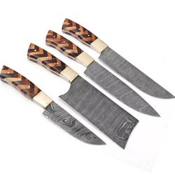 kitchen knives set, handmade damascus steel knives, with wood and brass