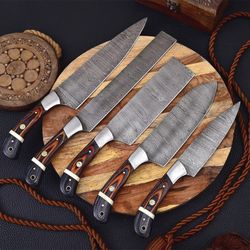 handmade damascus steel knives with wood and steel handle - chef knife kitchen set