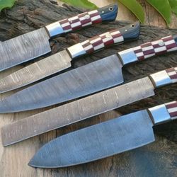 Handmade Damascus Steel Knives with Wood and Steel Bolsters  - Chef Knife Kitchen Set