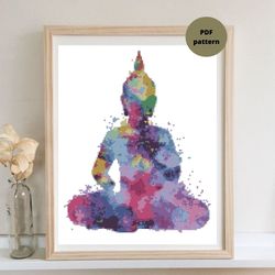 Colorful Buddha  cross stitch PDF pattern, Yoga embroidery design, Instant download, DIY and craft