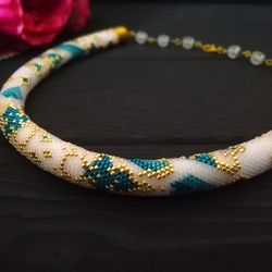 crochet rope necklace , organic seed beaded necklace