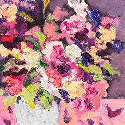 Flowers bouquet oil painting on canvas panel Small canvas Oil painting Flowers bouquet Gift Roses and irises Matisse