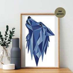 Blue Geometric Wolf cross stitch PDF pattern, Wild animal embroidery design, Instant download, DIY and craft