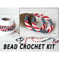 Bead crochet kit, Craft kit for adult, 4 of july hoop earrings, Jewelry making kit, flag hoop earrings diy