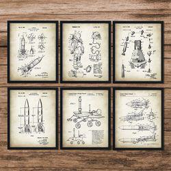 set of 6 space patent posters, space posters, space art, space wall art, space prints, space art, space ships blueprints, digital download