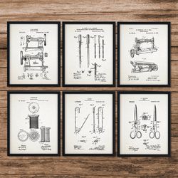 sewing patent art set of 6, industrial art, sewing room decor, sewing machine decor, antique sewing machine, sewing gift, digital download