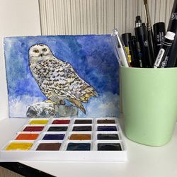 Original Painting Owl Art Watercolor bird art Hand Painted Animal Wall Decor