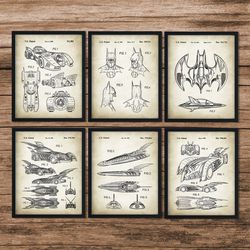set of 6 batman patent print, batman poster, batwing, batmobile, batman mask, superhero prints, bedroom art, digital download