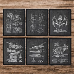 set of 6 batman patent print, batman poster, batwing, batmobile, batman mask, superhero prints, bedroom art, digital download