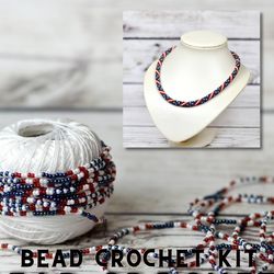 Bead crochet kit USA flag necklace, Kit to make beaded necklace, Craft kits for adults jewelry