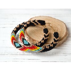 Black big hoop earrings 2.2", Native style beadwork