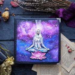 Yoga book Handmade diary with a cosmic landscape Polymer clay padmāsana journal