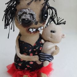 Halloween home decor .  Primitive dolls mother and creepy cute child are handmade . Rag doll , Zombie doll . Fabric doll .