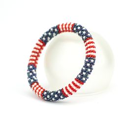 American Flag Bracelet, Red White Blue Beaded Bracelet Handmade
