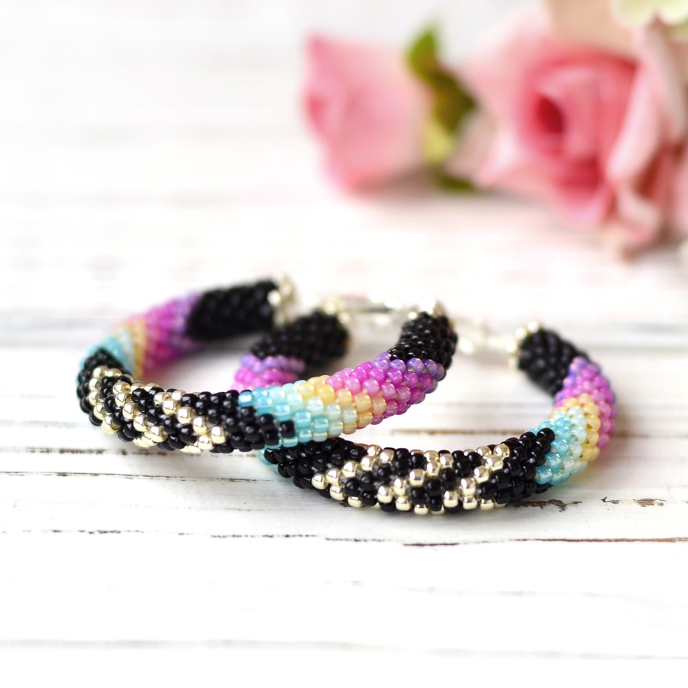 Colorful Beaded Hoop Earrings 1.6"