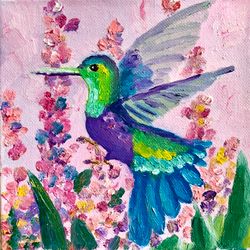 Hummingbird Painting, Tropical bird painting oil on canvas, Miniature artwork