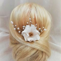 Bridal headpiece, Wedding hair comb, Floral Hair Wedding Hair vine, White bridal hair comb with flower,  flexible twigs