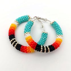 Turquoise hoop earrings 1.6", Native american style seed bead earrings, Native beadwork earrings