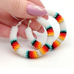 White beaded hoop earrings 1.6", Native american style, Ethnic beadwork jewelry