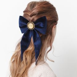 navy blue hair bow clip for women, big velvet bow barrette for girl, vintage handmade gift