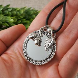 Mirror Necklace Evil Eye Round Glass Mirror Protection Amulet Pendant Silver Oak Leaf Acorn Charm Necklace Jewelry 7560