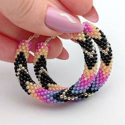 Purple beaded hoop earrings 1.6", Handmade jewelry beadwork, Statement earrings, Bright earrings for women