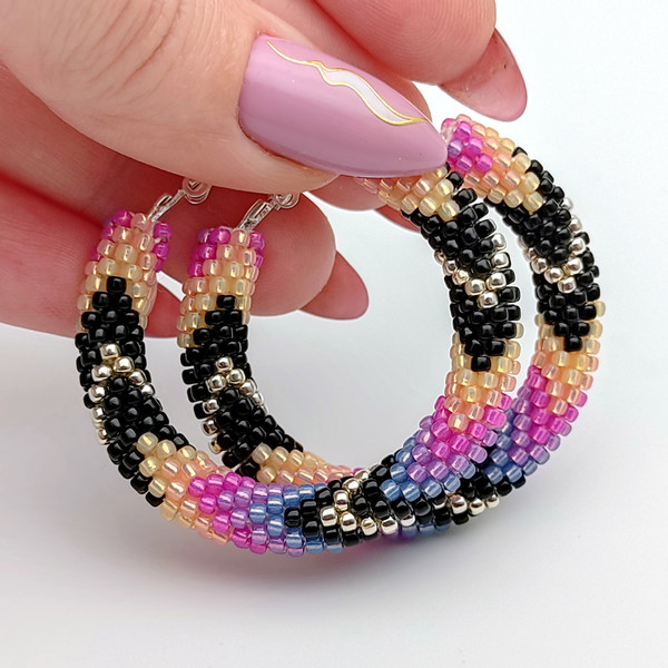 Purple beaded hoop earrings 1.6"