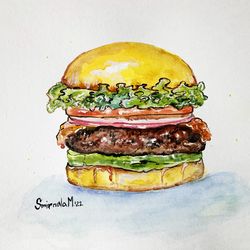 Original Watercolor Burger Painting Food Artwork Kitchen Art Burger Painting by Marina Smirnova