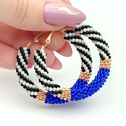 Blue seed bead hoop earrings 1.6", Bright beaded hoops, Handmade jewelry