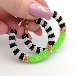 Lime green hoop earrings 1.6", Bright beaded hoops, Neon green earrings