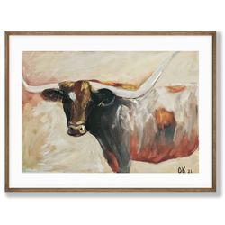 Handmade animal paintings - Texas Longhorn Cattle painting for cottage gift idea