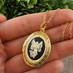 Guardian Angel Cameo Photo Locket Necklace Vintage Ivory on Black Cameo Victorian Locket Pendant Necklace Jewelry 7600