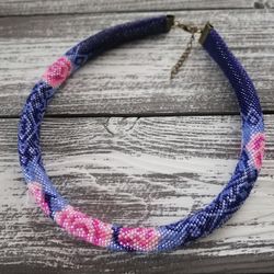 bead crochet rope necklace , roses beaded crochet necklace , floral seed bead
