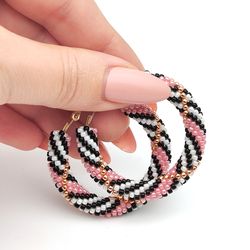 Large pink beaded hoop earrings, Seed bead earrings for women, Chunky hoop earrings