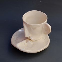 Tea cup Saucer Set Kiss Ceramics Art object Surrealism Face mug Porcelain Tea Set Decorative figurine Wedding Decor Bridal Shower Gift Idea A wonderful gift for a loved one
