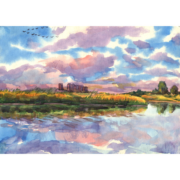 Landscape with buildings on the shore of the lake. Watercolor painting_02.jpg
