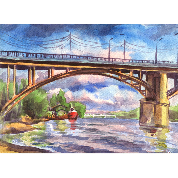 Watercolor painting. The bridge over the river with the ships.jpg