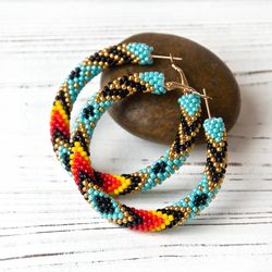turquoise hoop earrings 2.2", native america seed bead jewelry, ethnic earrings for women, large hoop earrings