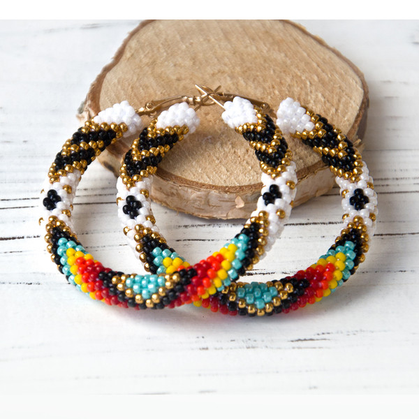 Native America Bead Hoop Earrings 2.2"