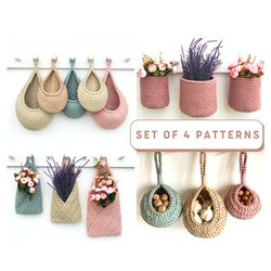 Set of 4 crochet PATTERNS, PDF Crochet basket pattern, storage hanging basket DIY