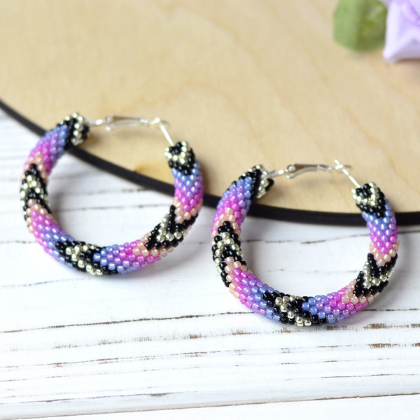 Purple Beaded Hoop Earrings 1.6"