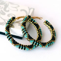 turquoise hoop earrings, large hoops, statement earrings, unique hoop earrings, african seed bead jewelry