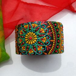 Adjustable leather bracelet with hand painted, Womens leather cuff bracelets, Leather bangle, Picture bracelet