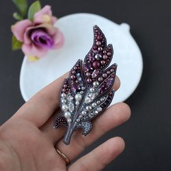 Amethyst Feather Brooch Handmade. Embroidered Brooch. Feather Lapel Pin