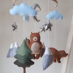 Woodland mobile baby crib decor, forest mobile, bear mobile nursery, woodland nursery decor, baby shower gift, expecting mom gift, newborn gift