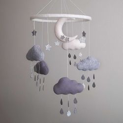 Cloud baby nursery mobile neutral, crib mobile, pregnancy gift, baby shower gift, rain drops baby mobile, expecting mom gift