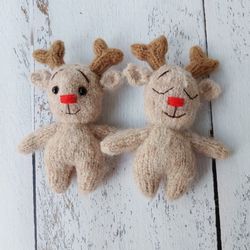Alpaca deer bonnet and stuffed knitted toy. Sleep fawn. Reindeer. Newborn knitted photo props.